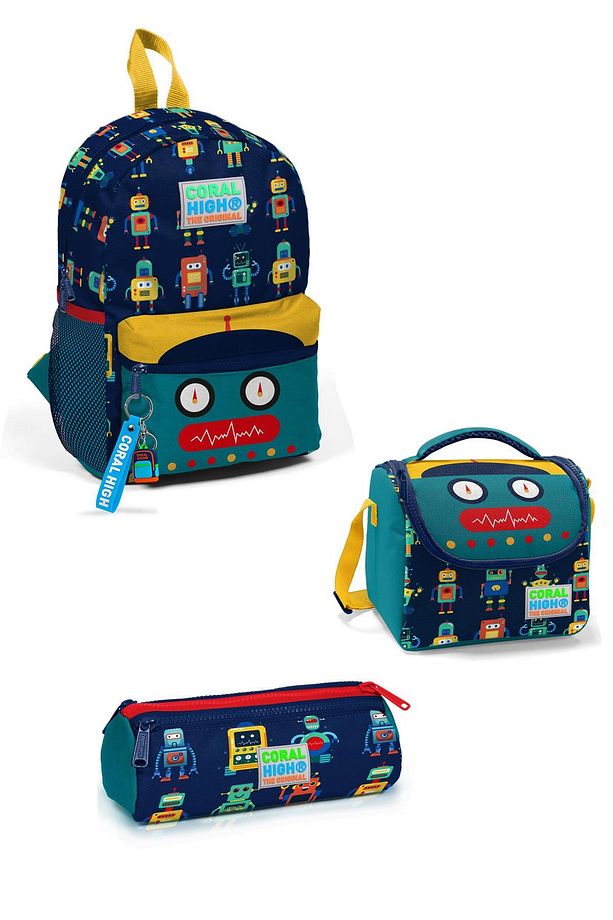 Kids Lacivert Robot Desenli Iki Bölmeli Yuva Sırt Çantası 3'Lü Set 3SET23348 - 1