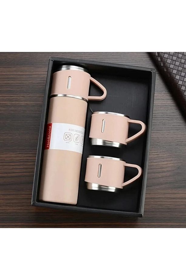 Pembe Vacuum Flask Set Üç Bardaklı Termos Seti - 3