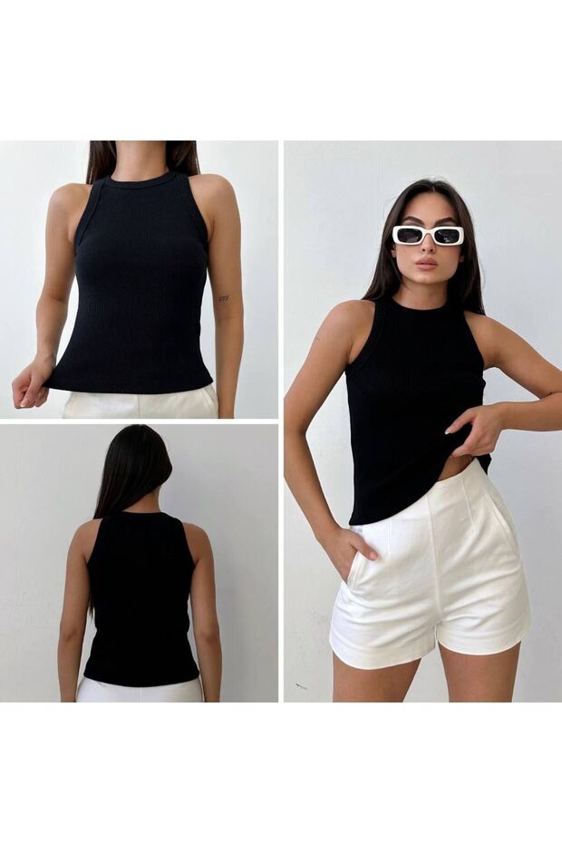 Women's Black Lycra Corded Cotton Halter Collar Knitted Crop