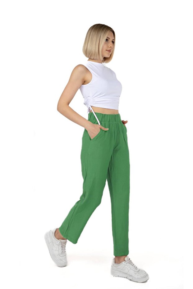 Women's Linen Green Trousers Npl