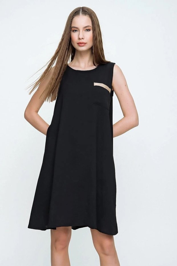 Women's Black Loose-Fitting A-Line Sleeveless Midi Dress / Short Sleeveless / Summer Dress 2887180