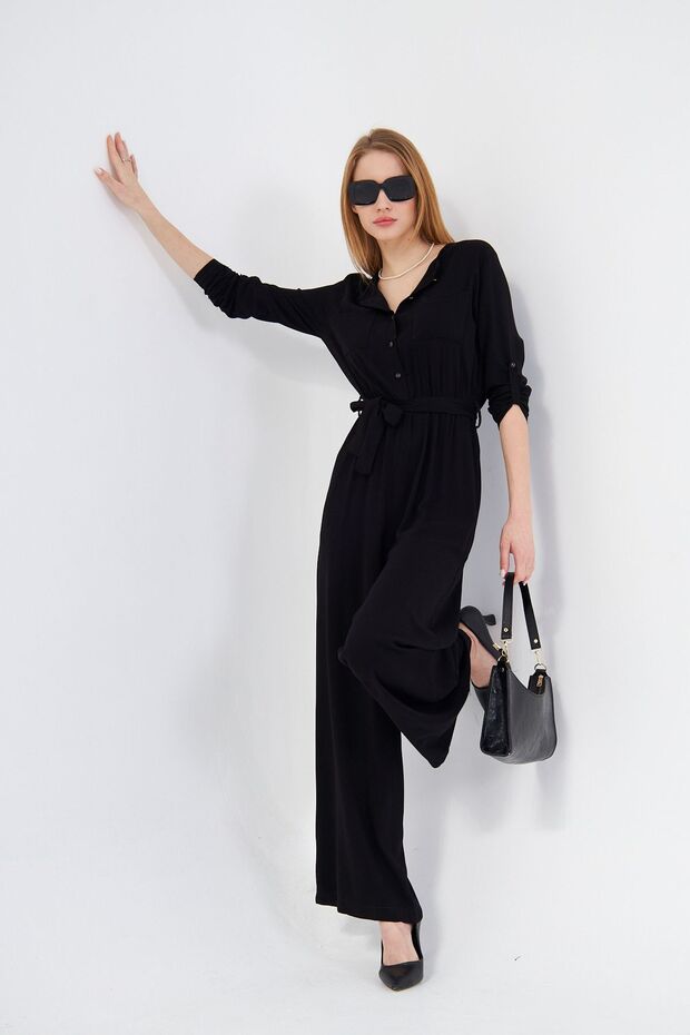 Women's Black Pocket Elastic Waist Long Sleeve Round Neck Buttoned Viscose Comfortable Jumpsuit7003297320