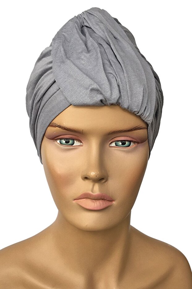 Ready Turban Bonnet Wrapped Gray Combed Cotton Banded Women's Hijab Outer Bonnet