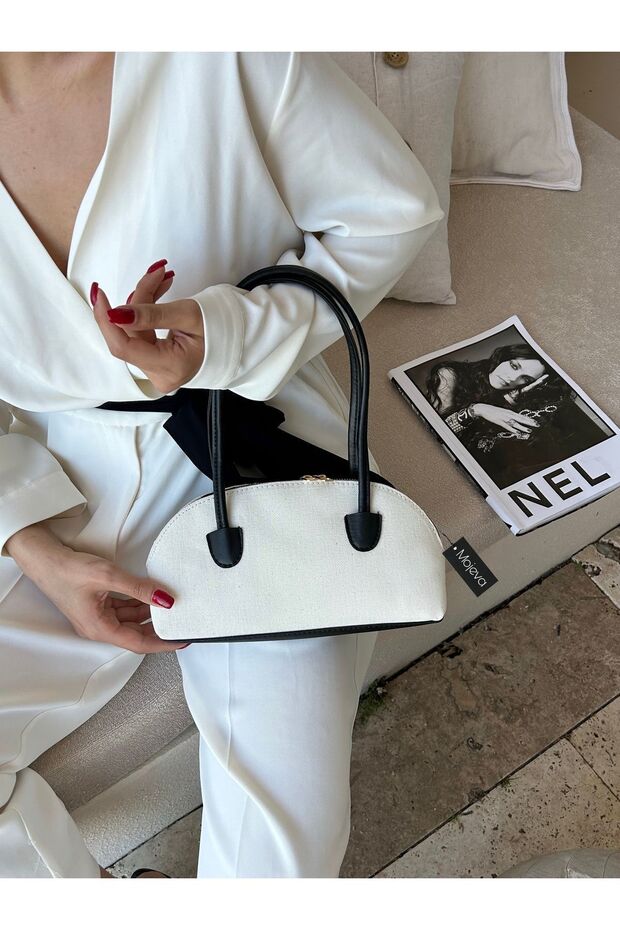 Long Handle Linen Black Women's Baguette, Hand and Shoulder Bag
