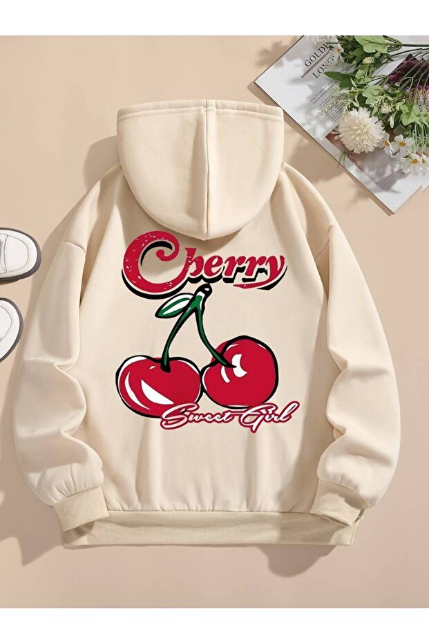 Unisex Cherry Printed Oversized Winter 3-Thread 100% Cotton Hooded Sweatshirt Hoodie