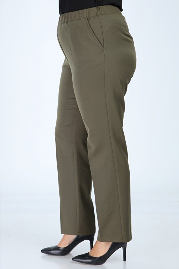 Women's Khaki Elastic Waist Large Size Trousers Fabric Pants