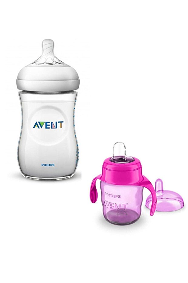 Natural Pp Baby Bottle 260 ml - Not Glass. + Avent Educational Sippy Cup Water Bottle Pink 200 ml