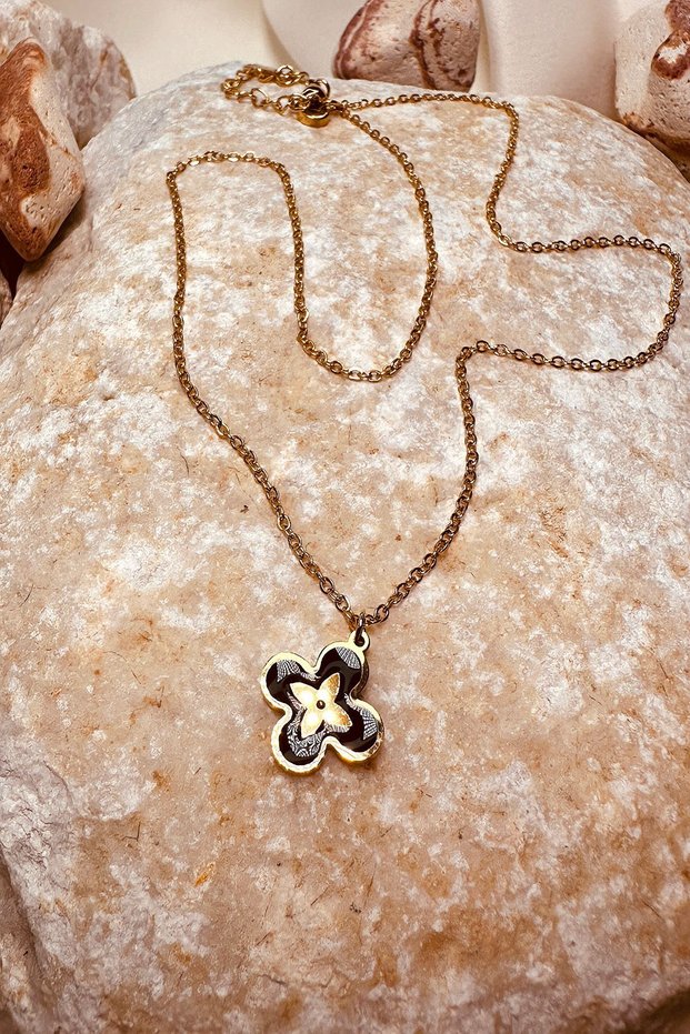 Steel Chain Necklace Black Clover Design Gold Gold Color Women's 316L Stainless