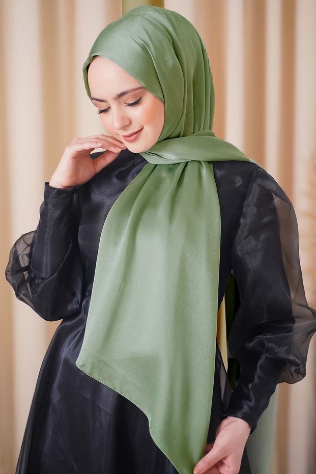 Evening Dress Janjan Shiny Satin Textured Hijab Evening Dress Chiffon Green