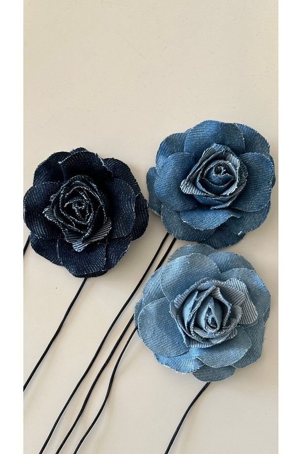Bağcıklı Kot Kumaş Çiçek Choker Kolye Kot Gül Kolye - 4