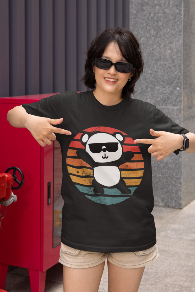 Trendy Panda Print Crew Neck Cotton Short Sleeve Oversized T-Shirt