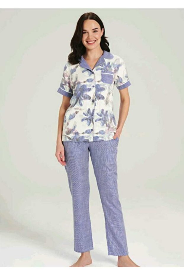 Buttoned Woven Pajama Set - 5014 - 2