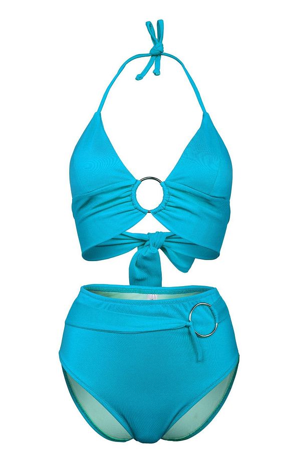 Halka Aksesuar Detaylı Desteksiz Üçgen Kaplı Üst Yüksek Bel Slip Kesim Alt Cool ve Şık Bikini Takımı - 1