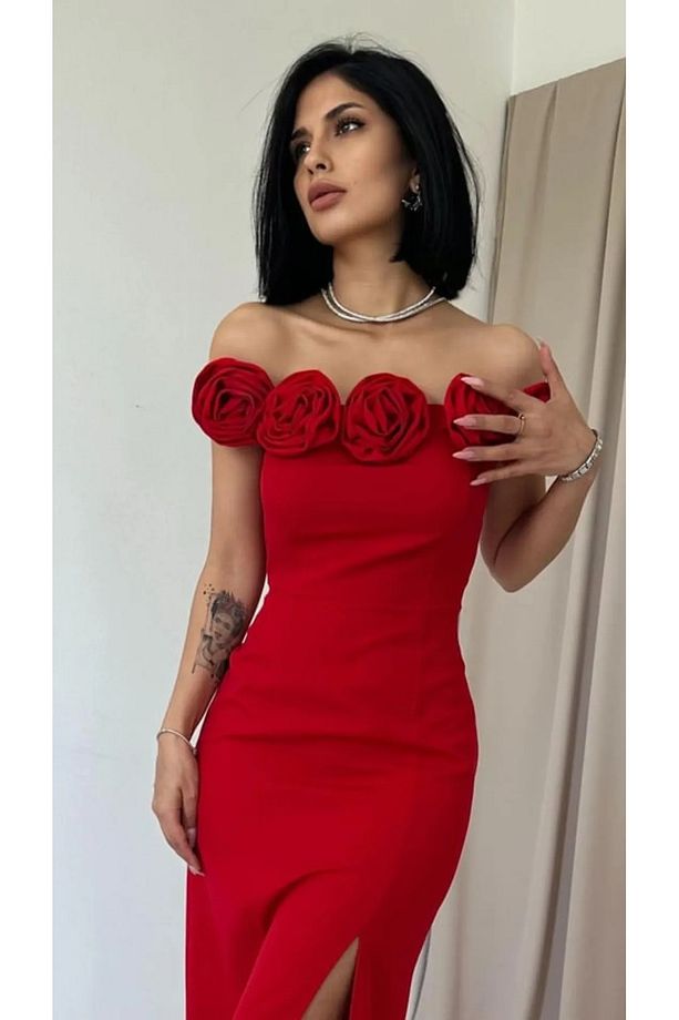 KIRMIZI ELBİSE GÜL MOTİFLİ ELBİSE MİDİ ELBİSE - 1