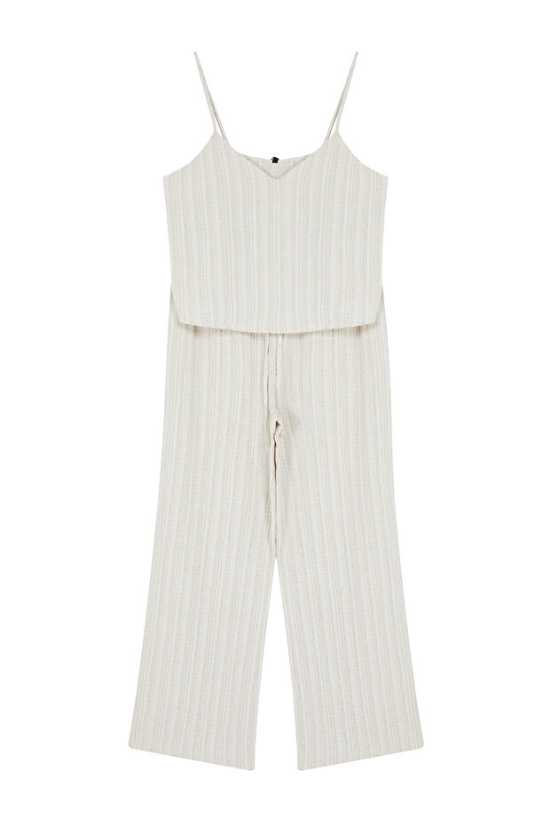 Ekru Bağlama Detaylı İp Askılı Dokuma Pijama Takımı THMSS24PT00402 - 6