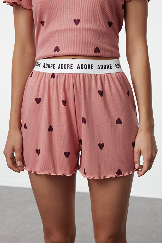 Gül Kurusu Kalpli Slogan Baskılı Lastikli Fitilli Şortlu Örme Pijama Takımı THMSS24PT00220 - 4