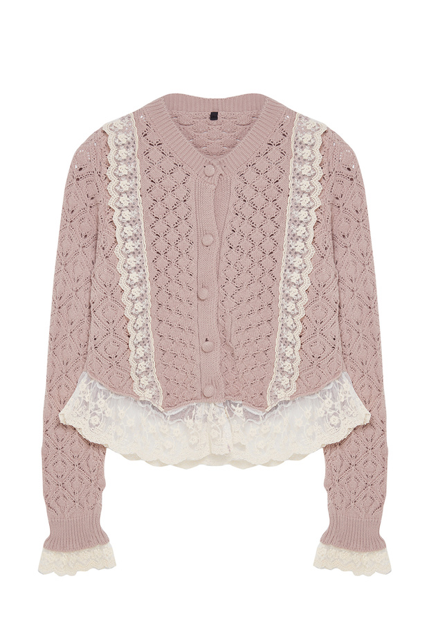 Kardigan z dzianiny Powder Crop Lace Garnish z ażurowymi zdobieniami/dziurami TWOAW24KZ01059 - 6