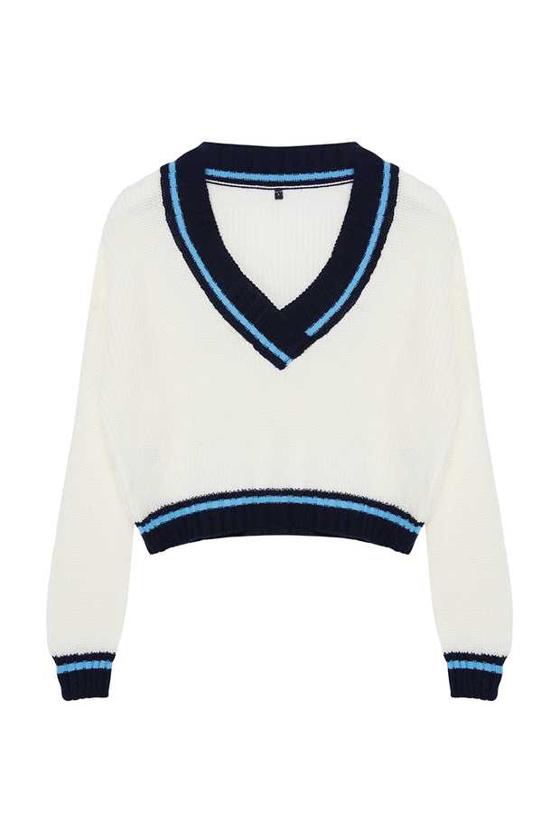 Ekru Crop Kolej Temalı Triko Kazak TWOAW22KZ1492 - 6
