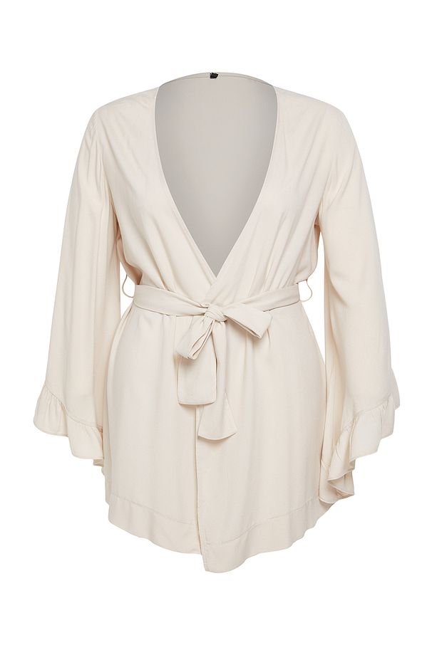 Ekru Kolu Fırfırlı Volanlı Viskon Plaj Giyim Dokuma Büyük Beden Kimono&Kaftan TBBSS23DE00001 - 6