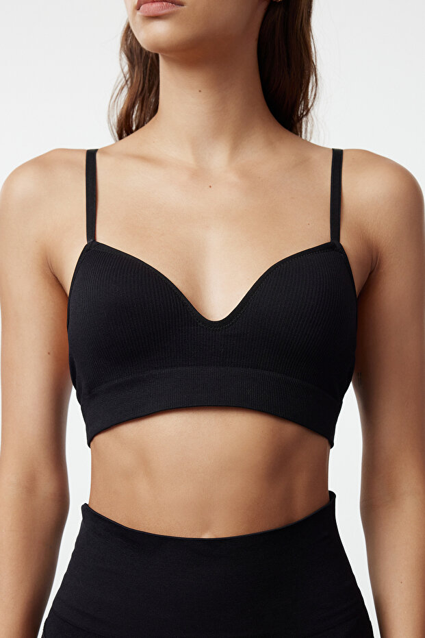 Siyah Seamless/Dikişsiz İp Askılı Dolgusuz Balensiz Kaplı Bralette Örme Sütyen THMAW22SU0043 - 3