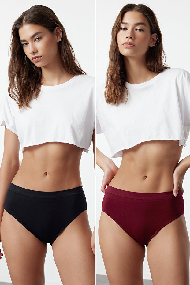 Siyah-Bordo 2'li Paket Seamless/Dikişsiz Hipster Örme Külot THMAW22KU0013 - 1