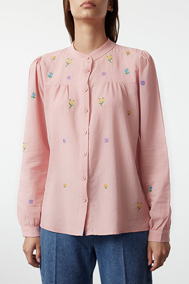 Pudra Çiçek Nakışlı Oversize Dokuma Gömlek TWOSS23GO00152 - 4