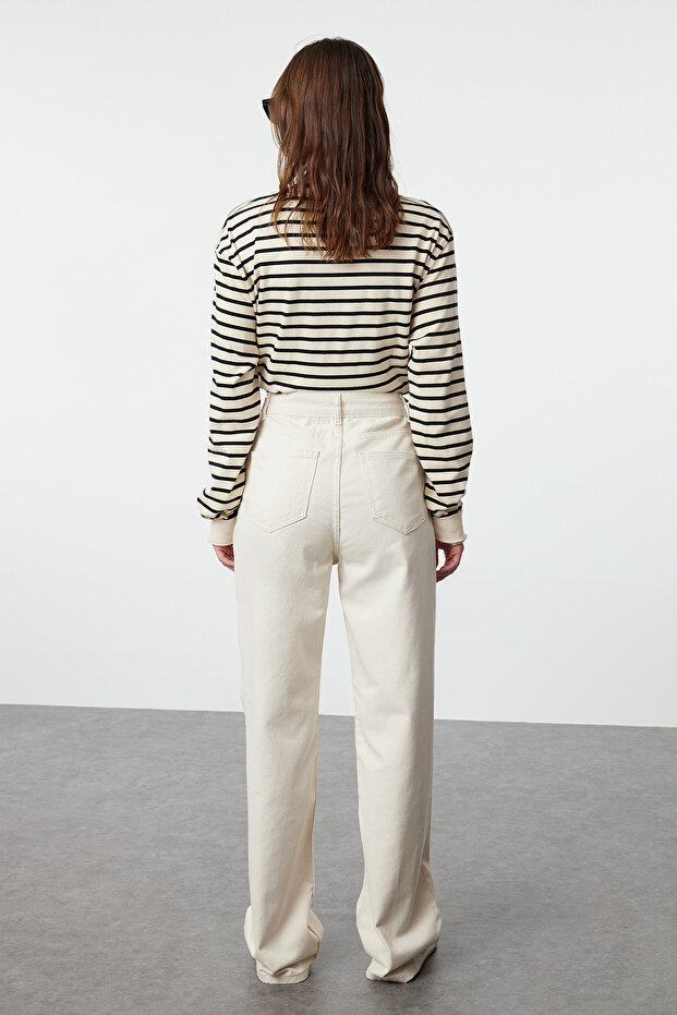 Ecru Waist Detailed High Waist Wide Leg Kalhoty TWOAW25JE00039 - 5