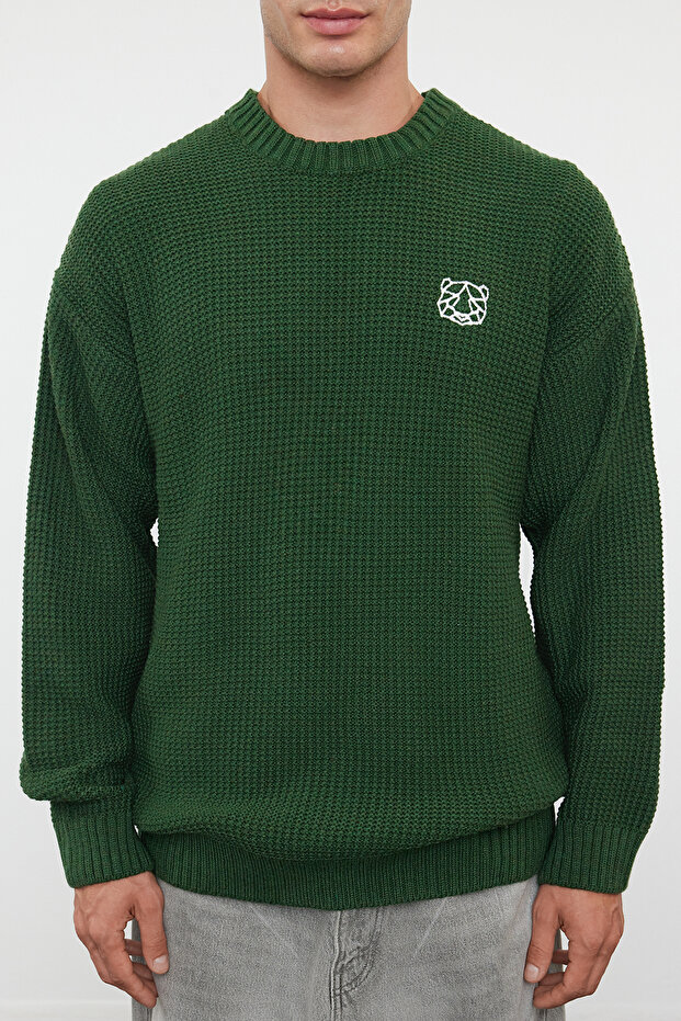 Haki Oversize Bisiklet Yaka Dokulu Triko Kazak TMNAW24KZ00032 - 3