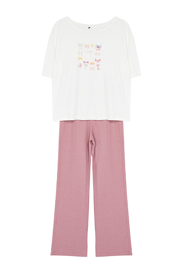 Beyaz-Pembe Kurdele/Fiyonk Baskılı Üst Süprem Alt Kaşkorse Örme Pijama Takımı THMAW25PT00018 - 6