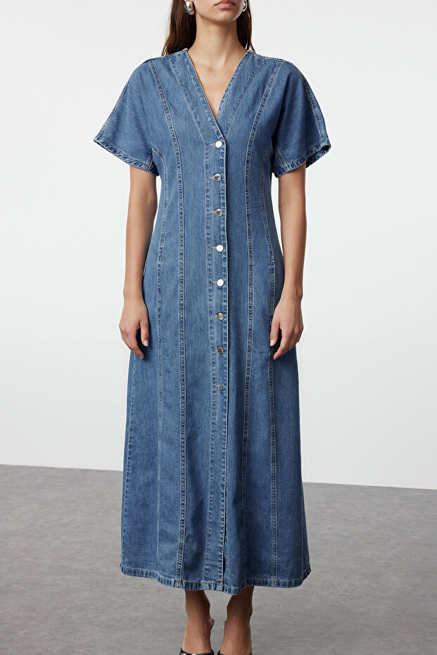 Mavi Dikiş Detaylı V Yaka Maxi Denim Elbise TWOAW25EL00088 - 3