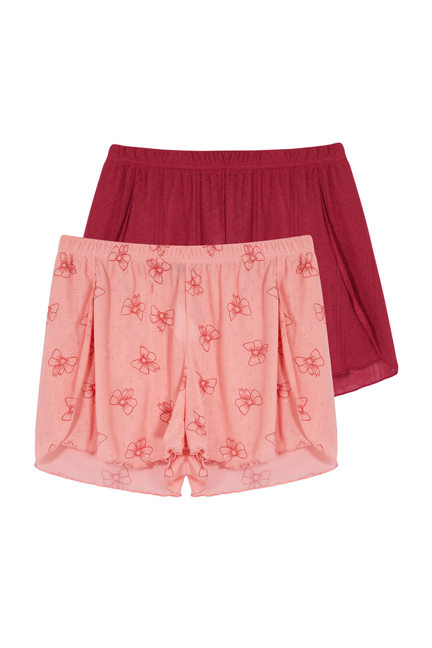 Kırmızı-Pembe 2'li Paket Kurdele/Fiyonk Pointel Ajurlu/Delikli Örme Pijama Altı THMSS24PJ00000 - 8