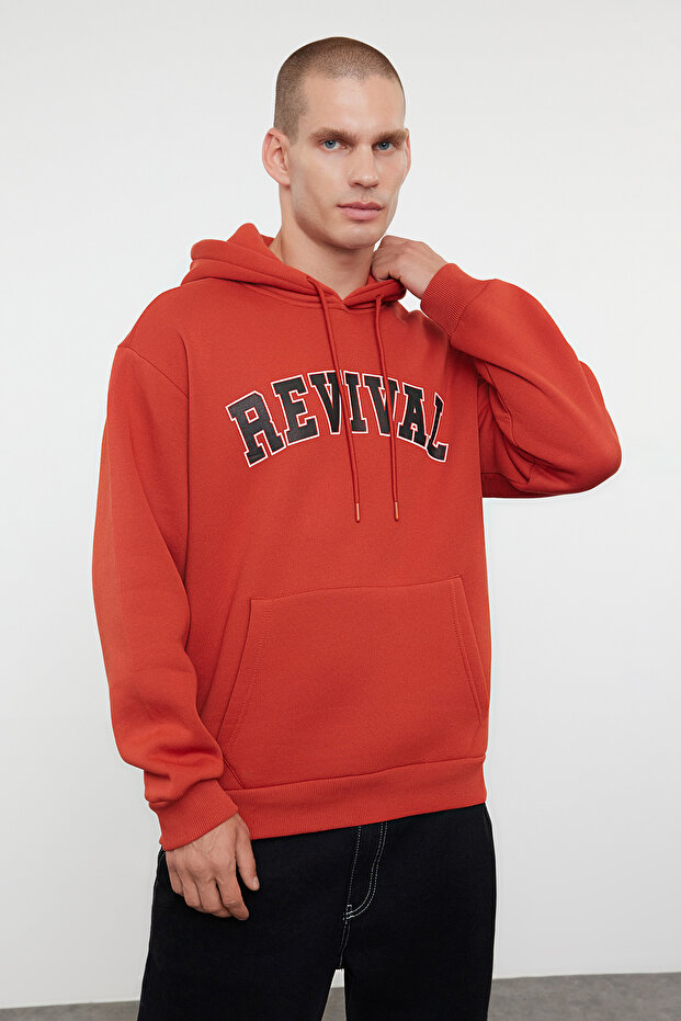 Kiremit Oversize/Geniş Kesim Kapüşonlu İçi Polar/Sıcak Tutan Pamuk Unisex Sweatshirt TMNAW22SW1462 - 2
