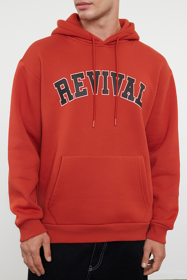 Kiremit Oversize/Geniş Kesim Kapüşonlu İçi Polar/Sıcak Tutan Pamuk Unisex Sweatshirt TMNAW22SW1462 - 4