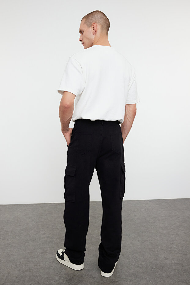 Siyah Kargo Cepli Baggy Kalıp %100 Pamuklu Gabardin Rahat Pantolon TMNSS24PL00021 - 6
