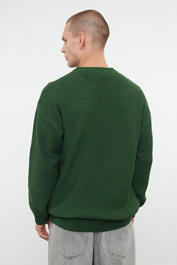 Haki Oversize Bisiklet Yaka Dokulu Triko Kazak TMNAW24KZ00032 - 5