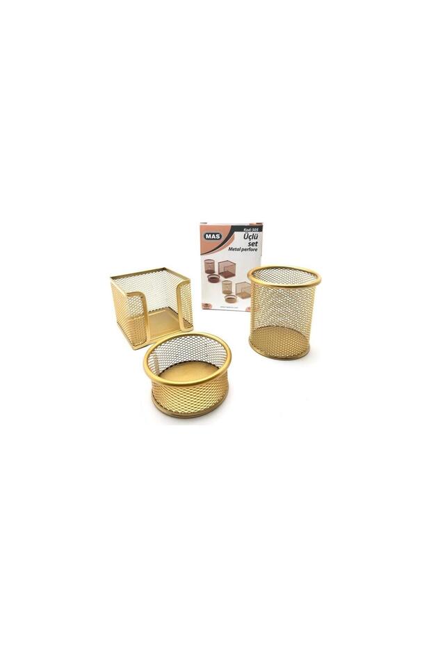 A Set Attache-paper holder-pencil holder 3 Pieces Metal Perforated Gold A Set