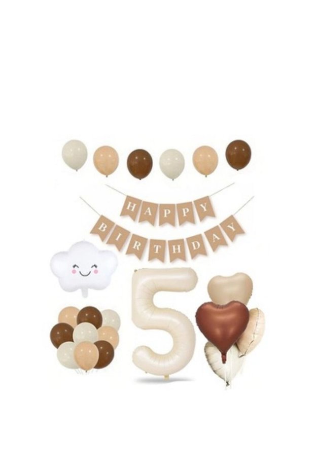Retro Cream Beige 5 Years Old Foil Balloon Set and Kraft Happy Birthday Streamer 20 Pieces