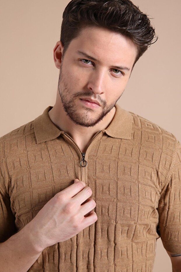 Camel Polo Collar Zippered 100% Cotton Men's Knitwear T-shirt
