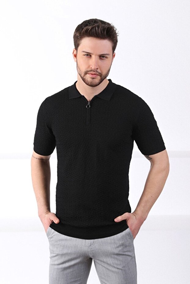 Black Polo Collar Zippered 100% Cotton Men's Knitwear T-shirt