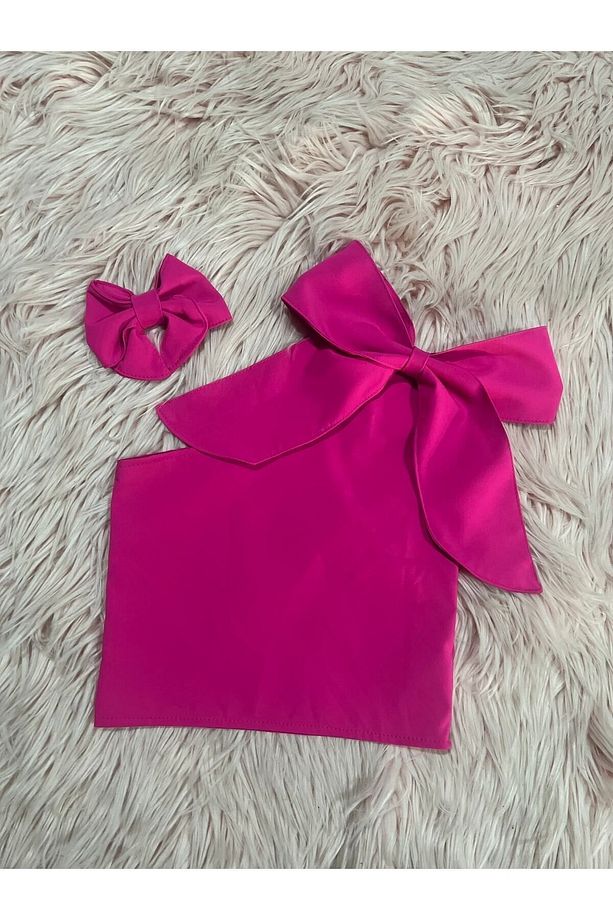 Kız Çocuk Tek Omuz Fiyonk Detaylı Pembe Yazlık Crop Bluz Ve Tokası - 2