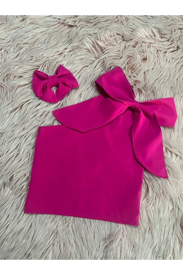 Kız Çocuk Tek Omuz Fiyonk Detaylı Pembe Yazlık Crop Bluz Ve Tokası - 3