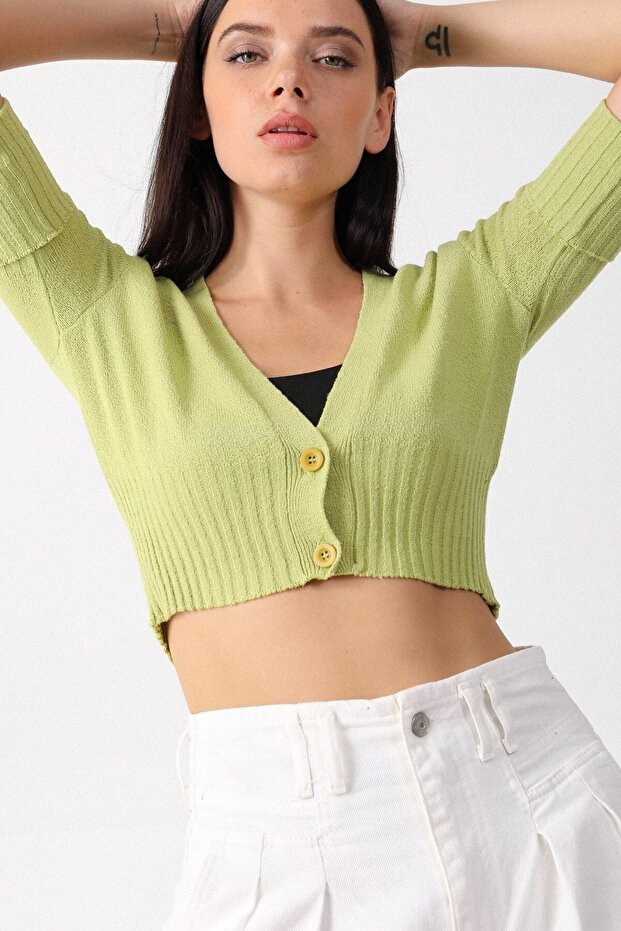 Women's Green V-Neck Two Button Knitwear Bustier