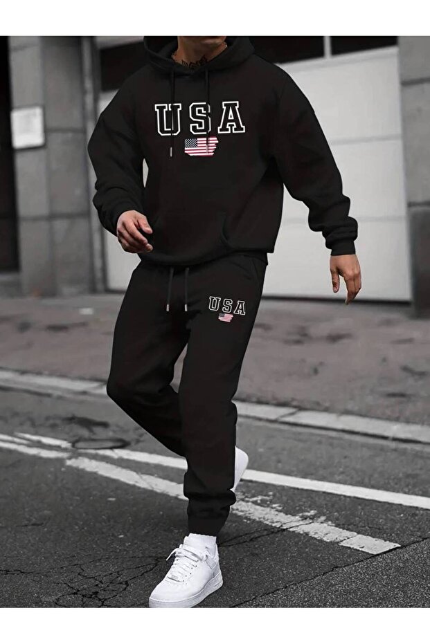 Usa Printed Comfortable Shardonlu Thick Winter Oversize Hooded Men's Sweatshirt and Sweatpants Set