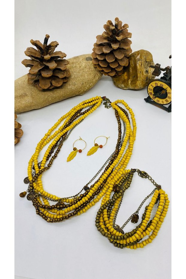 Handmade Design Wooden Bead Women's Necklace Bracelet Earrings Set