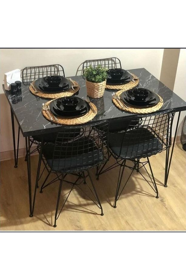 Mermer Görünümlü Masa Sandalye Takımı 4 Adet Tel Sandalye Masa Takımı 70x120 - 1