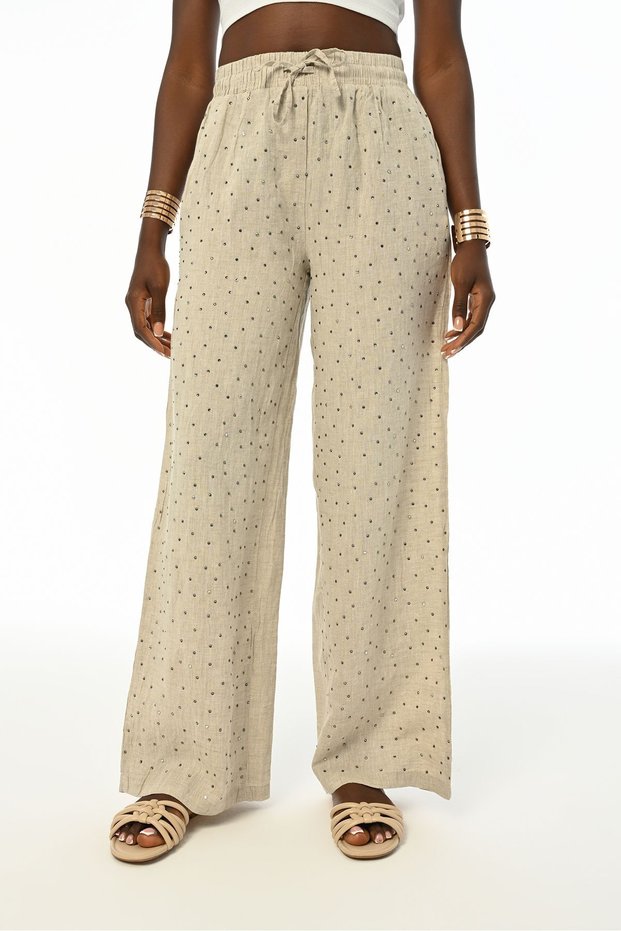 Women's Linen Pants with Elastic Waist, Loose Legs, and Stone Embroidery on the Front