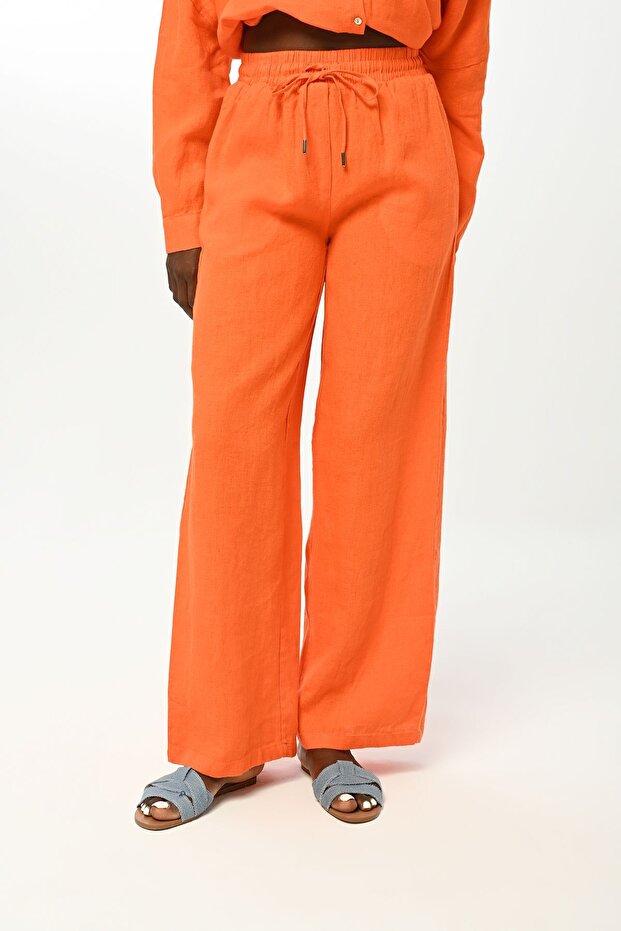 Women's Elastic Waisted Bulk Legs Straight Color Linen Pants