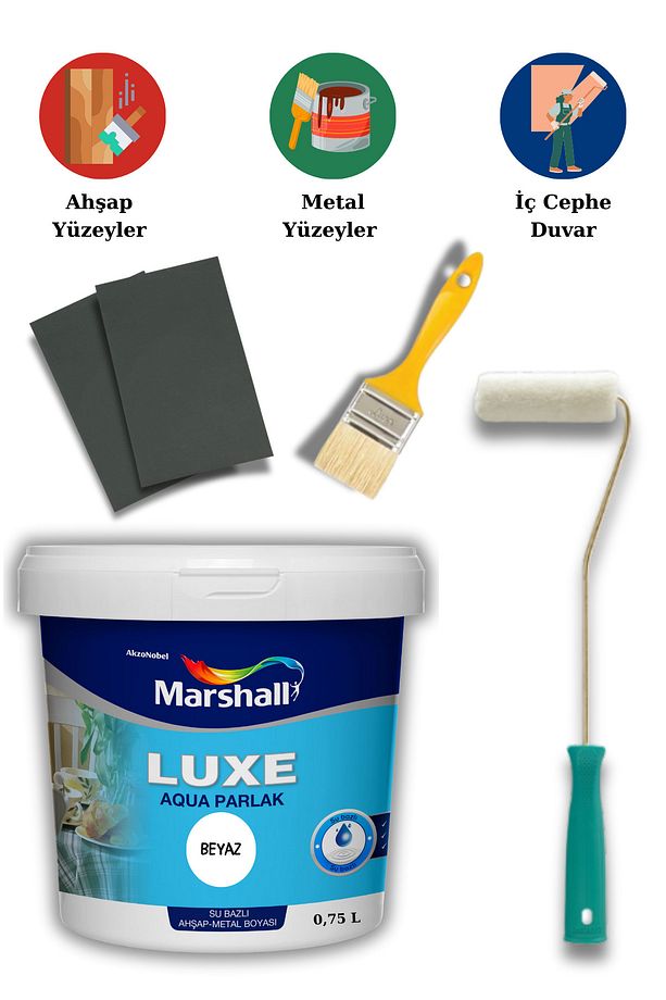 Luxe Aqua Parlak Su Bazlı Akrilik Dönüşüm Boyası 0,75 Lt Ahşap Ve Metal Boya Seti Zımpara Rulo Fırça - 1