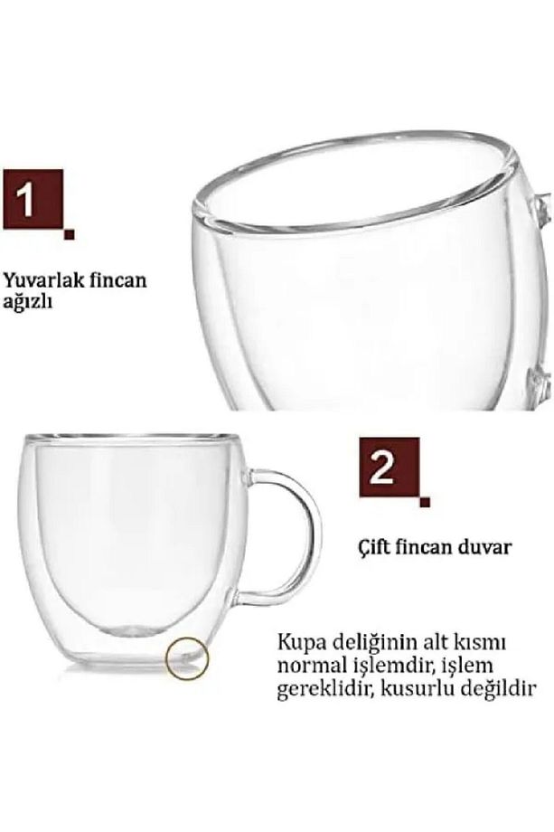 Çift Camlı Çift Cidarlı Cam Kupa 250 ml Ev Ofis Fincanı Isı Yalıtımlı Kulplu Cam Bardak - 5