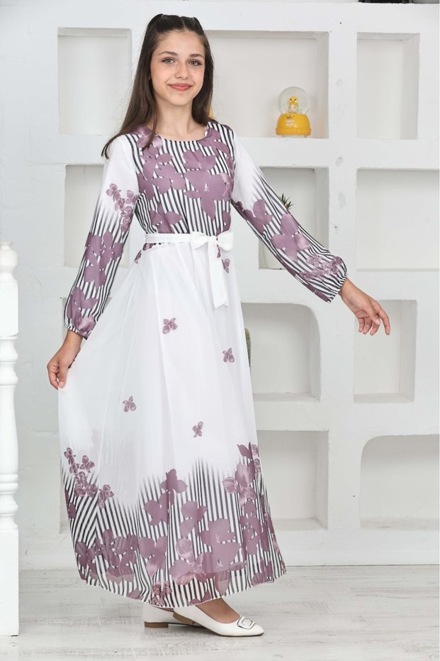 Young Girl Cotton Lined Chiffon Fabric Long Hijab Dress